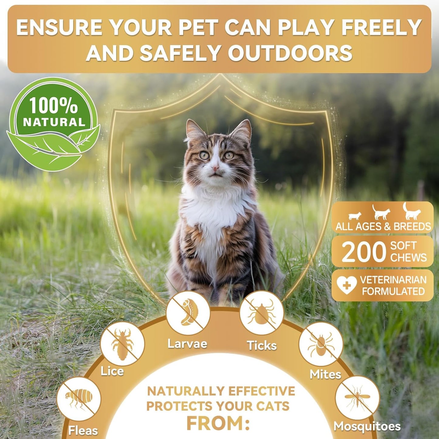 Flea and Tick Prevention for Cats, 200 Soft Chews for Fleas Treatment for Cats, Natural Cat Oral Flea Chewables Support Supplement, Flea and Tick Chews for All Breeds & Sizes