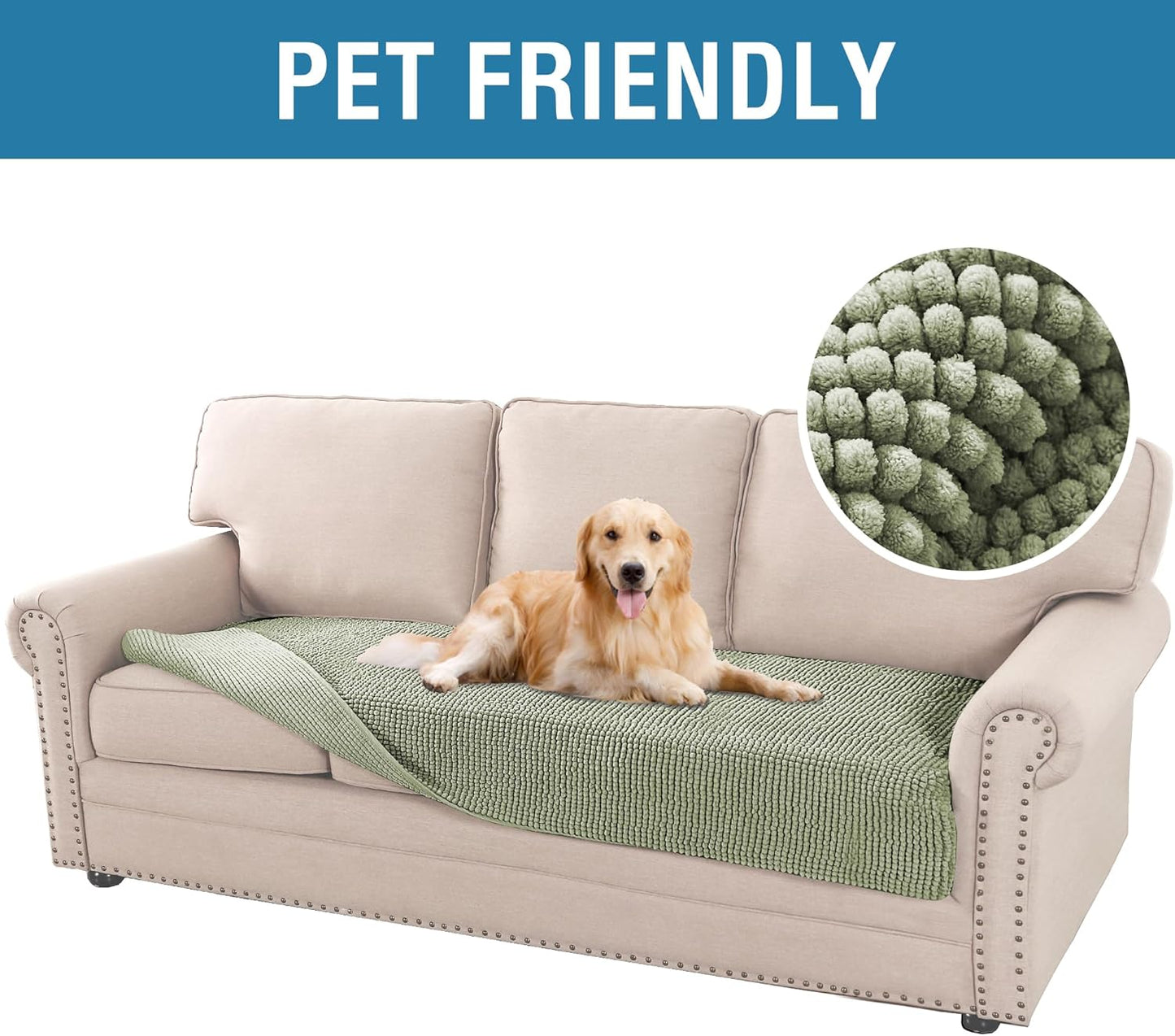H.VERSAILTEX Plush Chenille Dog Bed Cover Thick Soft Sofa Cover for 3 Cushion Couch Anti Slip Couch Cover Furniture Protector for Dog, Pet, Cat (35" x 74", Sage)