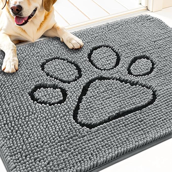 OLANLY Door Mat for Muddy Dog Paws 34x21, Ultra Absorbent Chenille Mud Doormat with Paw Print Design, Non-Slip Washable Doormat for Indoor Entryway, Quick-Dry Pet Bed Mats for Dirty Dogs, Grey