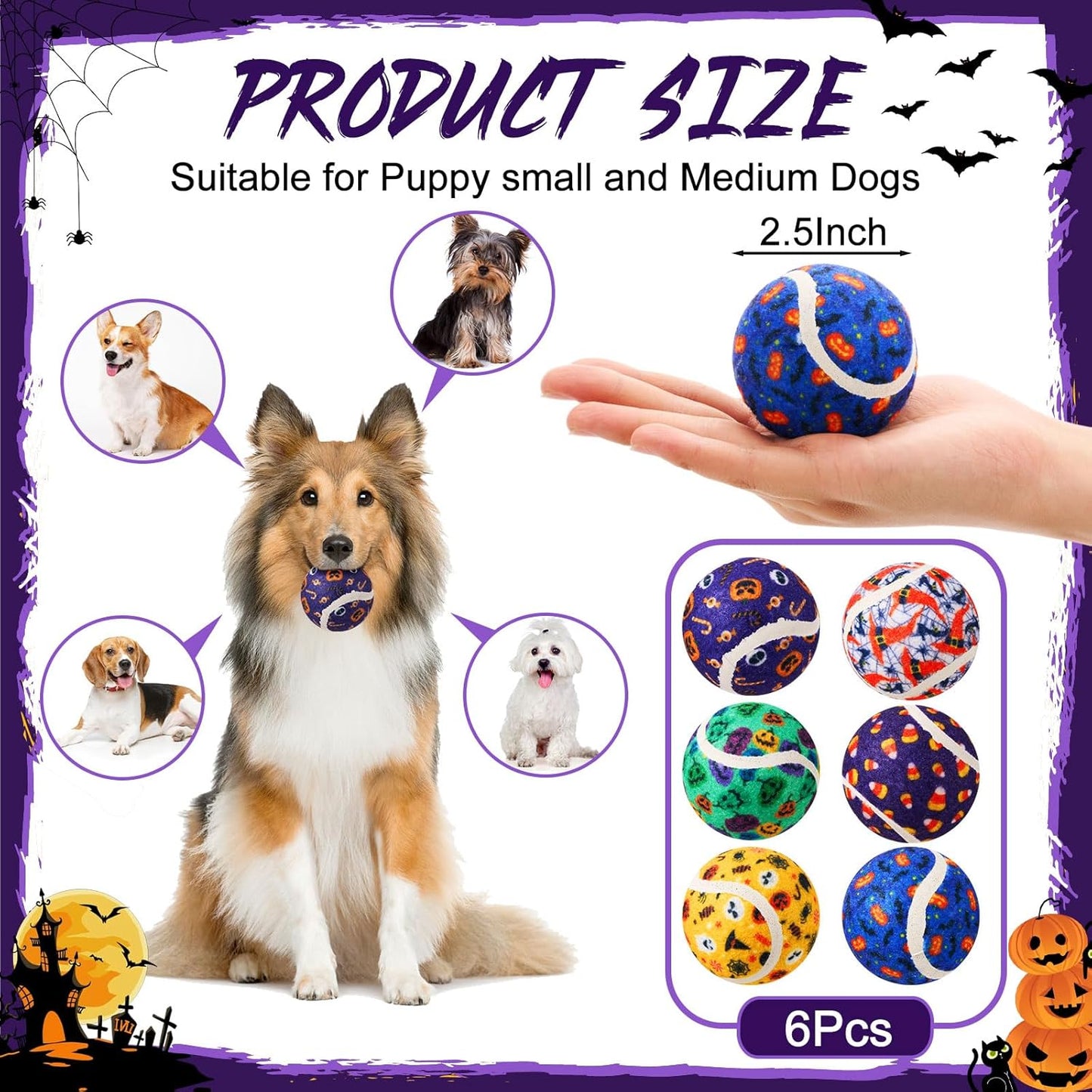 Civaner 6 Pcs Halloween Dog Toys Bulk, 2.5 Inch Squeaky Tennis Balls for Small Medium Large Dogs Pets Puppy Chew Teething Toy Interactive Training Gifts Xmas Stocking Stuffers
