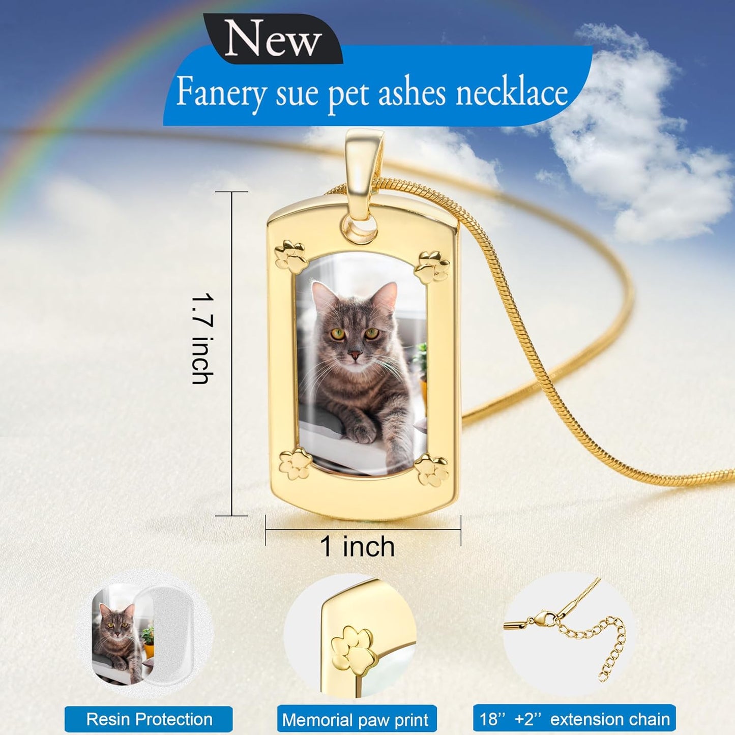 Fanery Sue Personalized Pet Ashes Necklace for Dog Cat Custom Photo&Text Pet Loss Sympathy Gift Cremation Jewelry