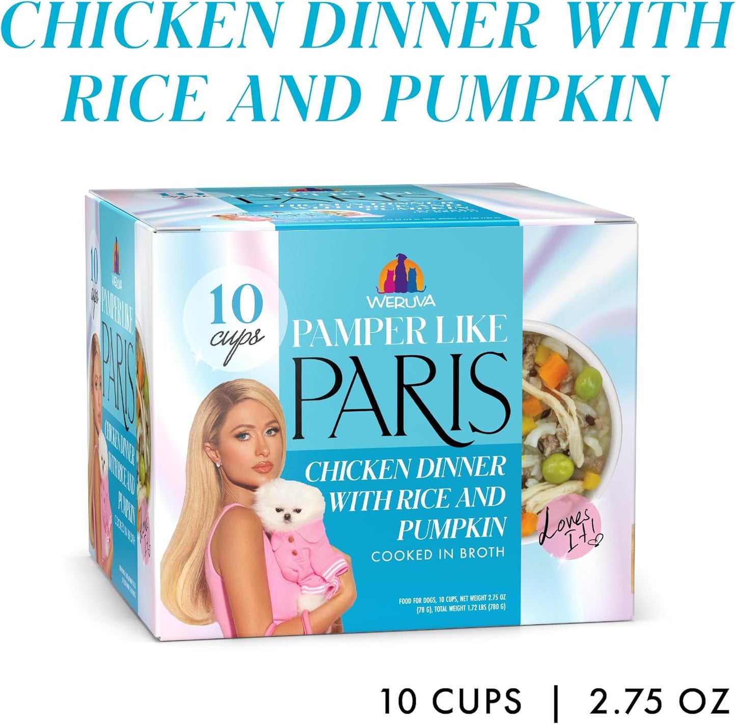 Weruva Paris Hilton Pamper Like Paris Natural Wet Dog Food, Chicken with Rice and Pumpkin, 2.75oz Cup (Pack of 10)