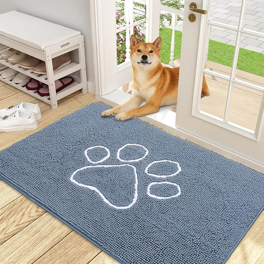 OLANLY Door Mat for Muddy Dog Paws 48x30, Absorbent Chenille Doormat with Paw Print Design, Non-Slip Washable Doormat for Indoor Entryway, Quick-Dry Pet Bed Mats for Dirty Dogs, Airy Blue and White