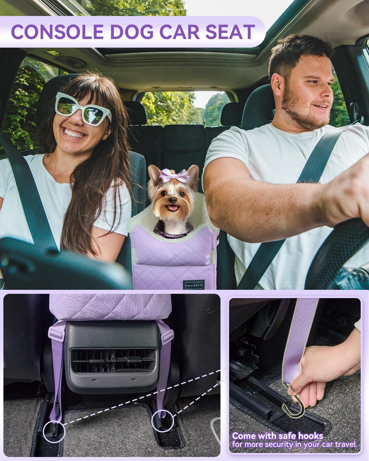 PETSFIT Cat Car Seat with Safe Protection Hooks, Center Console Dog Car Seat with Upgraded Safety Tethers, Washable Cushion, Dog Car Seats for Small Dogs Up to 8 Lbs (Purple)