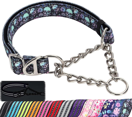 Martingale Dog Collar with Chain,Skull Reflective Nylon Soft Padded Adjustable Choke Collar for Large Breed Dogs, Medium, XL, XXL - Training & Walking Collar(Skull XXL)