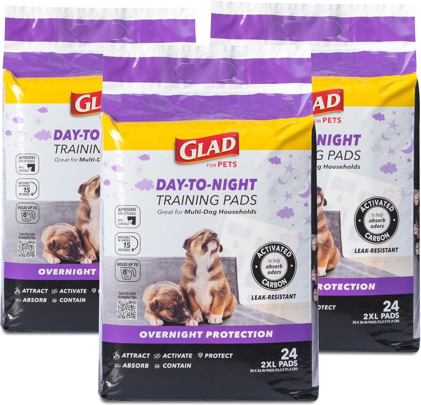 Glad for Pets Day to Night Activated Carbon Puppy Training Pads for Dogs with Wall Protection and Adhesive - Super Absorbent and Leak Proof Disposable Dog Training Pads, 30" x 36", 24 Count - 3 Pack