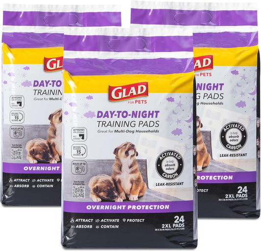 Glad for Pets Day to Night Activated Carbon Puppy Training Pads for Dogs with Wall Protection and Adhesive - Super Absorbent and Leak Proof Disposable Dog Training Pads, 30" x 36", 24 Count - 3 Pack