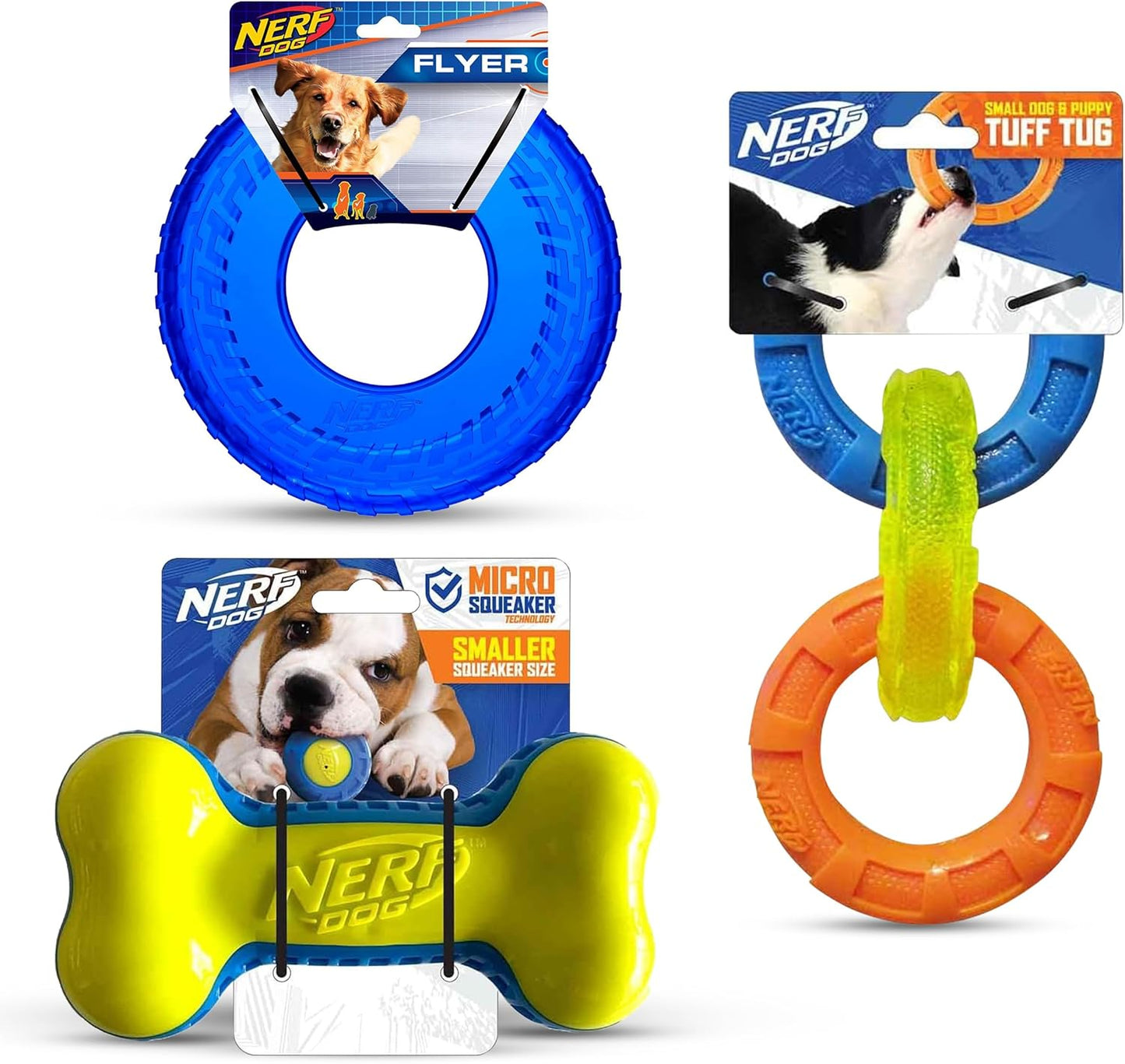 Nerf Dog Toy Gift Set, 3-Piece Set of Outdoor Dog Toys for Tug and Fetch, Includes 3-Ring Tug, Exo Squeak Bone and Tire Flyer
