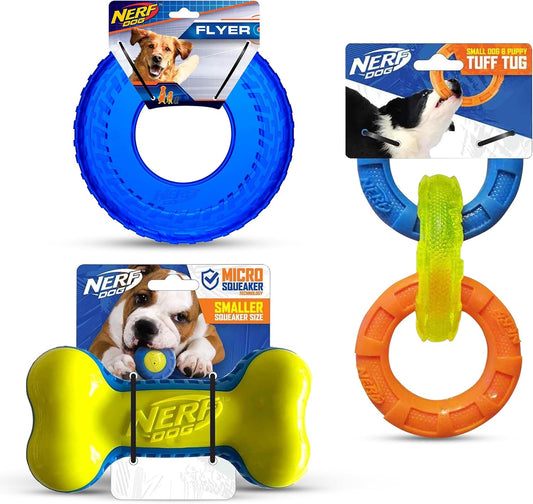 Nerf Dog Toy Gift Set, 3-Piece Set of Outdoor Dog Toys for Tug and Fetch, Includes 3-Ring Tug, Exo Squeak Bone and Tire Flyer