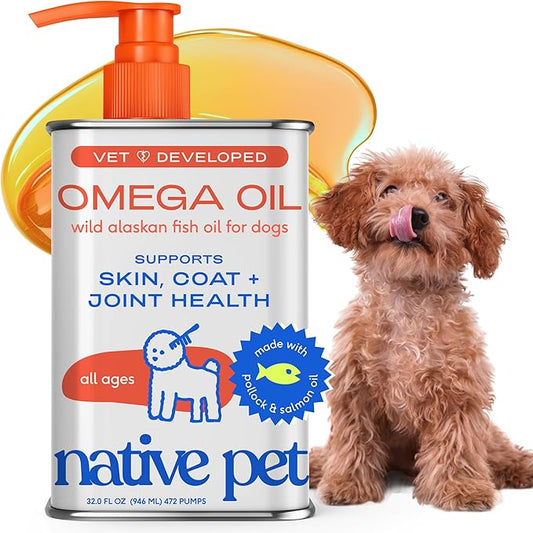 Native Pet Omega 3 Fish Oil for Dogs & Cats - Promotes Healthy Skin, Shiny Coat & Strong Joints - Made with Wild Alaskan Salmon Oil for Dogs – Tasty, Fast-Absorbing Omega 3 6 9 Liquid Supplement-32oz