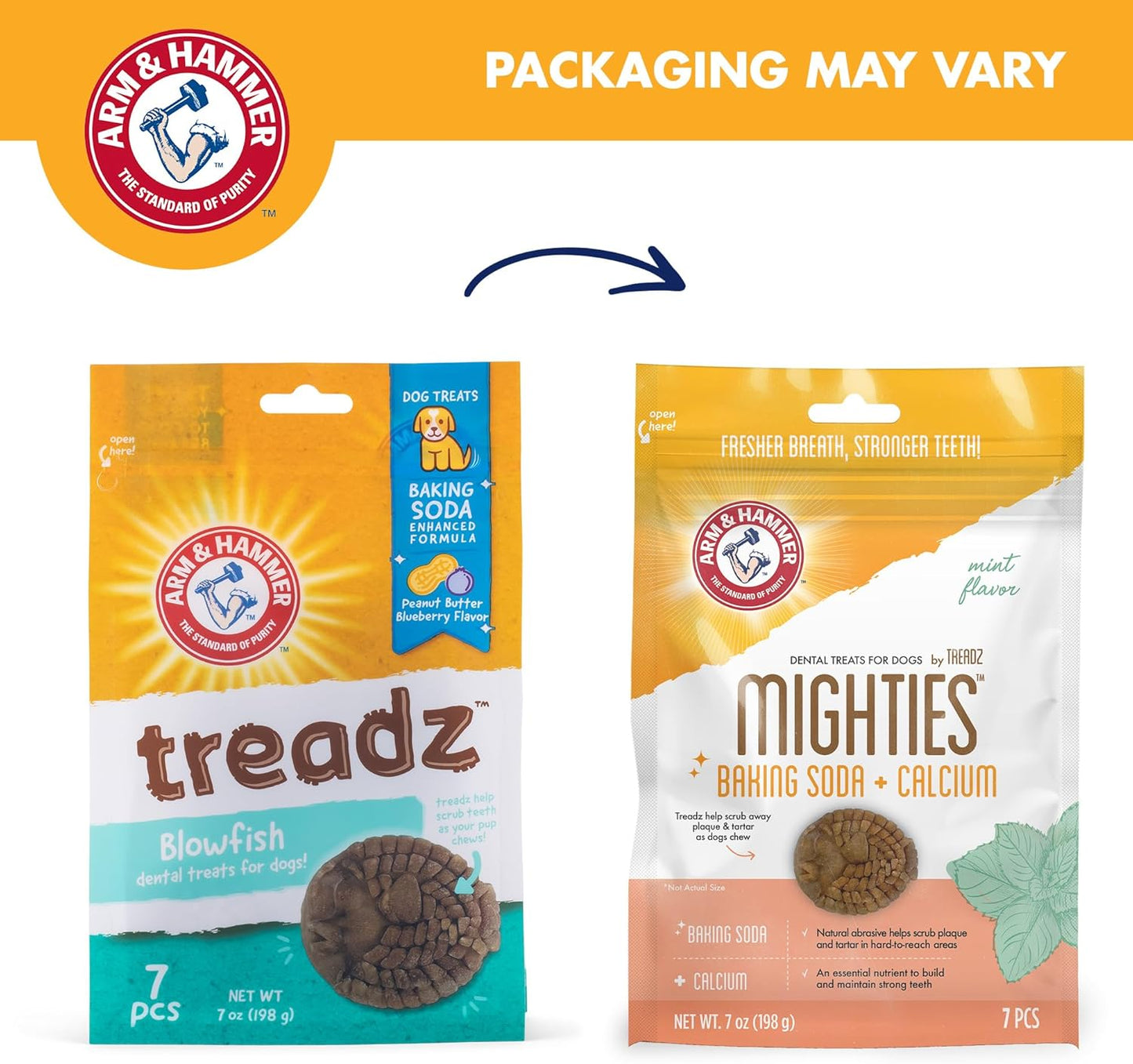Arm & Hammer for Pets Mighties by TREADZ Dental Treats for Dogs with Baking Soda & Calcium, Help Fight Bad Breath, Plaque & Tartar, Mint, Tough Puffer Shaped, 7 Pcs (Packaging May Vary)