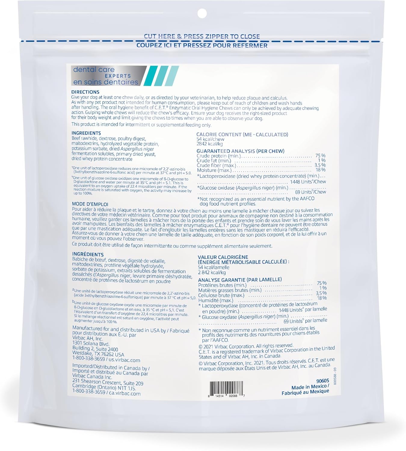 C.E.T. Enzymatic Oral Hygiene Chews for Dogs - Plaque & Tartar Control - Single Layer Beefhide with Exclusive Dual-Enzyme System & Tasty Chicken Flavor - Easy to Give Dog Dental Chew