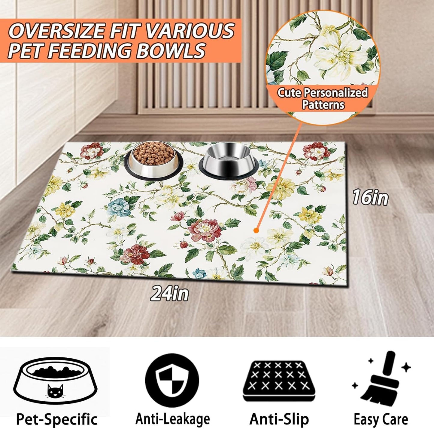 Pet Feeding Mat for Dogs and Cats - Super Absorbent Anti-Slip Bowl Pad, Eco-Friendly Washable Mat to Prevent Spills and Mess Floral Mat 12"x20"