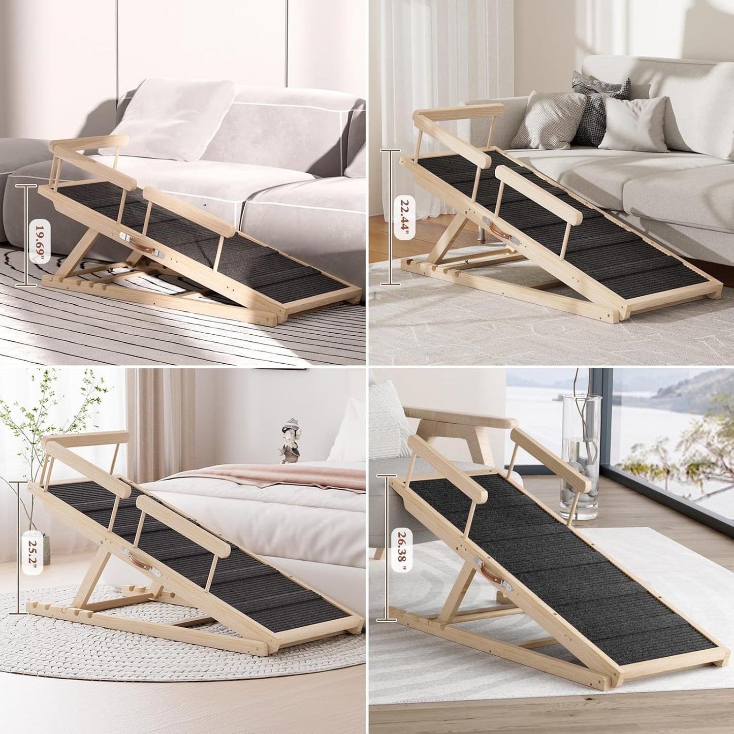 Dog Ramp for High Bed, Couch, Car, Pet Ramps 55.12" Long Adjustable 19.7"-27.6" Wooden Dog Step with High Traction Mat & Safety Side Rails for Small Medium Large Older Pets, up to 250 lbs
