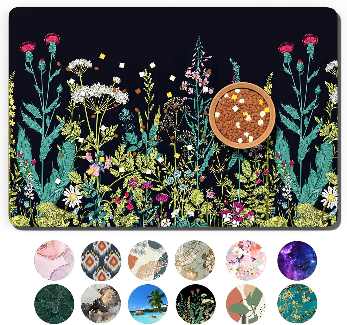 Dog Food Mat, 16" x 24" Absorbent Dog Cat Bowl Mat for Food and Water, Cute Anti-Slip Rubber Pet Feeding Rug Protect Floors, Placemat for Feeding & Watering Supplies, Midnight Flower