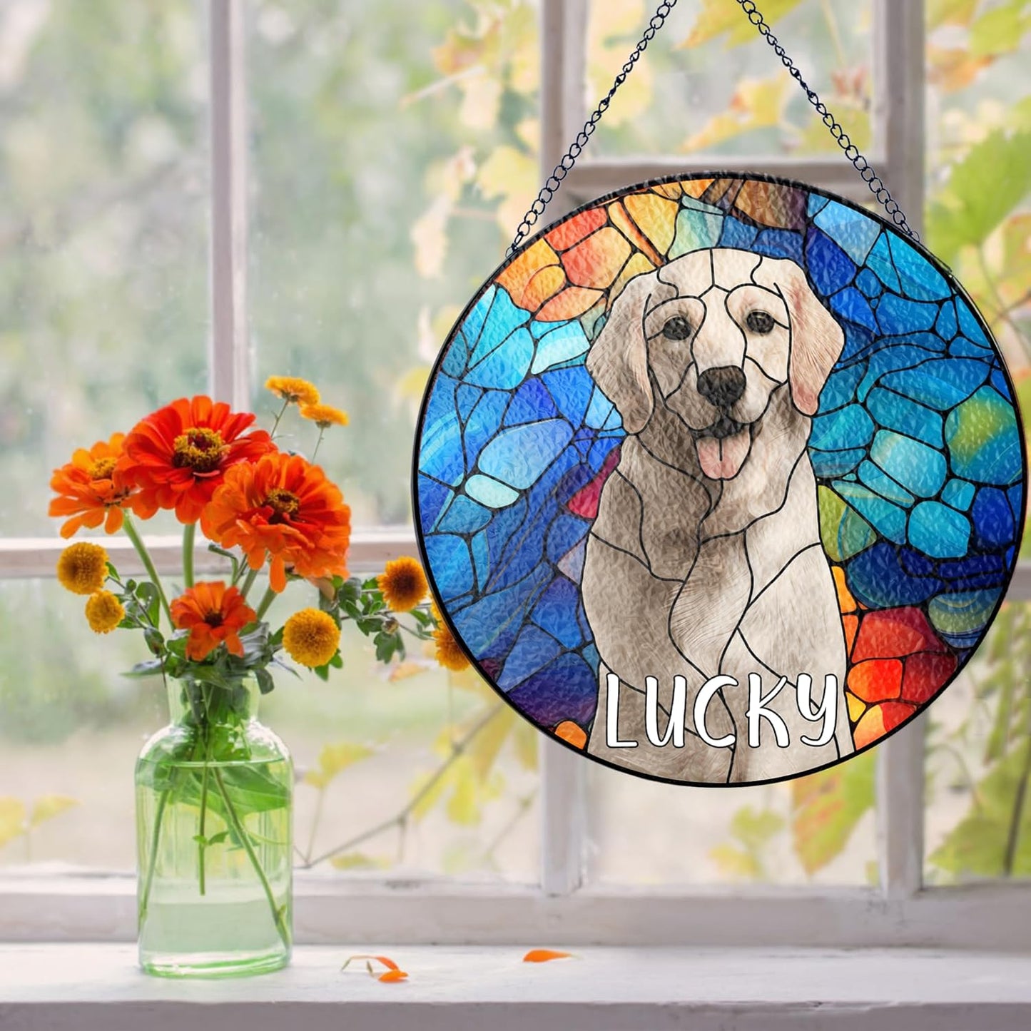 Lovely POD Personalized Pet Stained Glass Suncatcher, Custom Name Pet Photo Memorial Ornament Window Hanging, Remembrance Sympathy Gift for Loss of Pet Dog Cat, Bereavement Keepsake