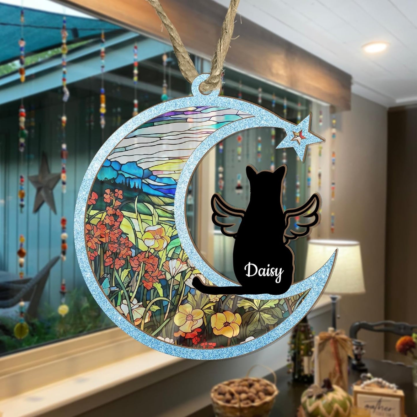 Personalized Cat Memorial Suncatcher – Crescent Moon Pet Loss Ornament with Mountains, Flowers & Angel Wings – Custom Cat Bereavement Gift for Window, or Car Mirror Display – Rainbow Bridge Keepsake