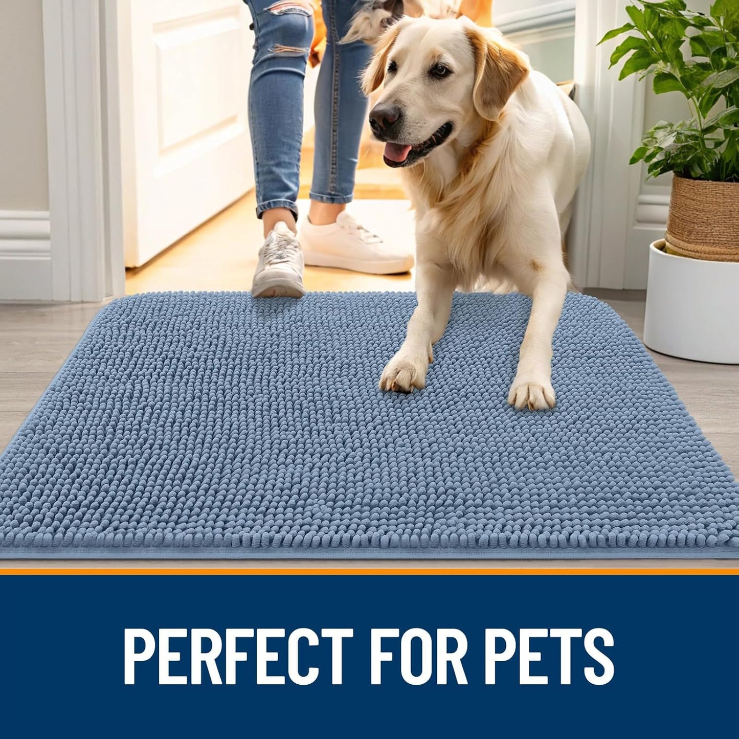 OLANLY Dog Door Mat for Muddy Paws 70x32, Absorbs Moisture and Dirt, Absorbent Non-Slip Washable Doormat, Quick Dry Chenille Mud Mat for Dogs, Entry Indoor Entryway Carpet for Inside Floor, Airy Blue