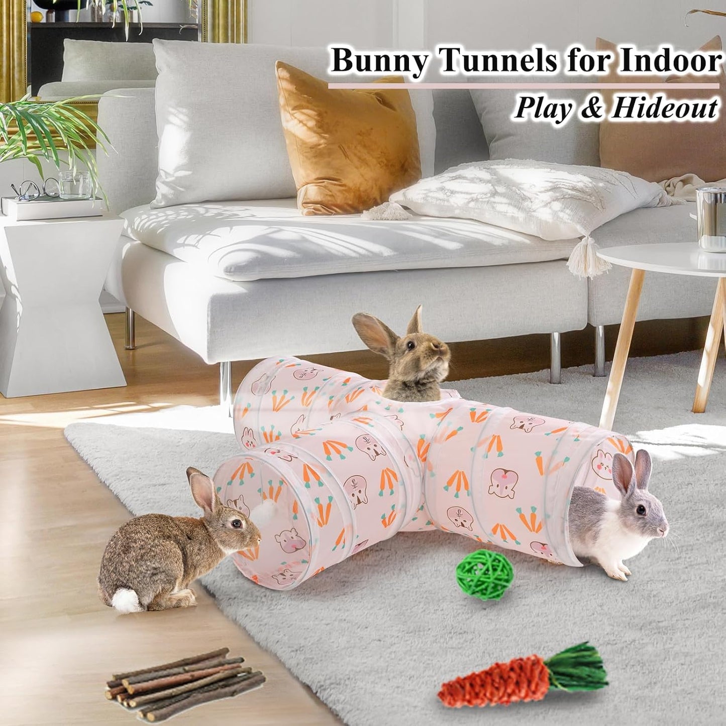 HERCOCCI Rabbit Toys, Bunny Tunnels & Tubes, Collapsible 3 Way Rabbit Hideout Tunnel with Chew Toys for Bunny Guinea Pig Ferret Kitten