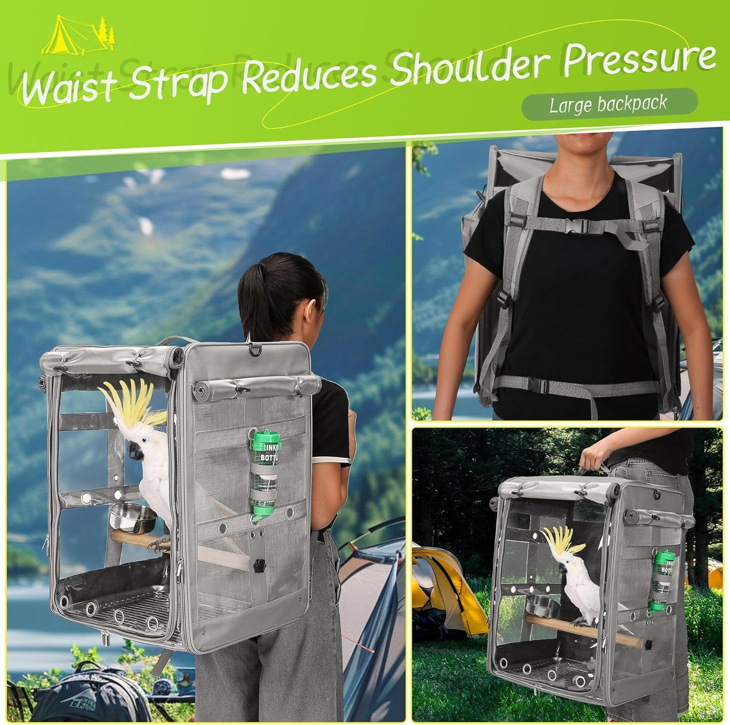 Suertree Bird Carrier Travel Cage, Cockatoo Carrier, Parrot Travel Backpack with Unbreakable Stainless Steel Mesh, Perch, Water Bottle and Food Bowl, X-Large Grey