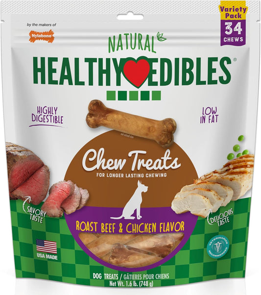 Nylabone Healthy Edibles Natural Dog Chews Long Lasting Chew Treats for Dogs, Roast Beef & Chicken Flavor, X-Small/Petite (34 Count)