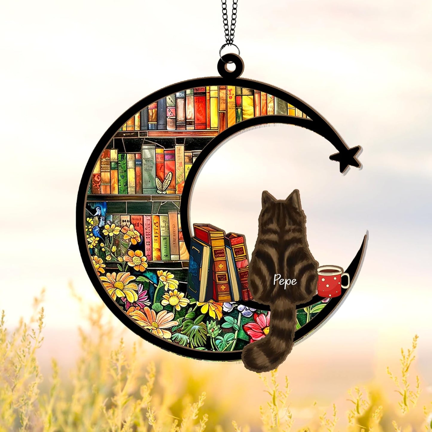 Personalized Pet Memorial Suncatcher – Custom Cat Book Suncatcher with Name & Breed, Memorial Keepsake for Cat Lovers, Home Décor Gift for Nerds, Librarians & Readers