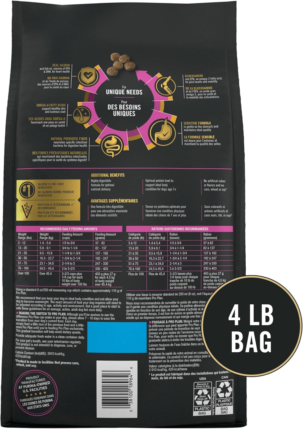 Purina Pro Plan Sensitive Skin and Stomach Dry Dog Food Senior Adult 7 Plus Salmon and Rice Formula - 4 lb. Bag