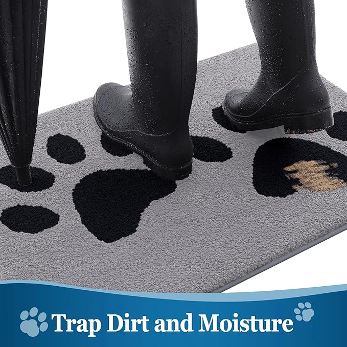 Buganda Dog Door Mat for Muddy Paws, Absorbent Dirt Trapper Washable Indoor Doormats, Non Slip Low-Profile Mud Mat for Dogs, Front Entrance Doormat for Inside Floor (30x20 Inches, Grey)