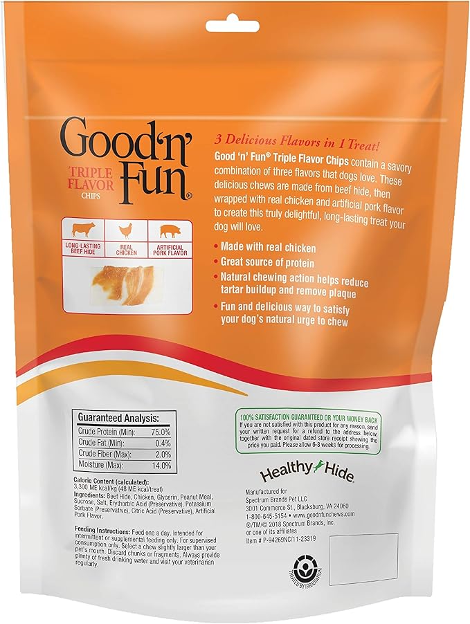 Good'n'Fun Triple Flavor Chips, Dog Chew Treats, Premium Chicken and Beef Hide Treats for Dogs, 4 oz