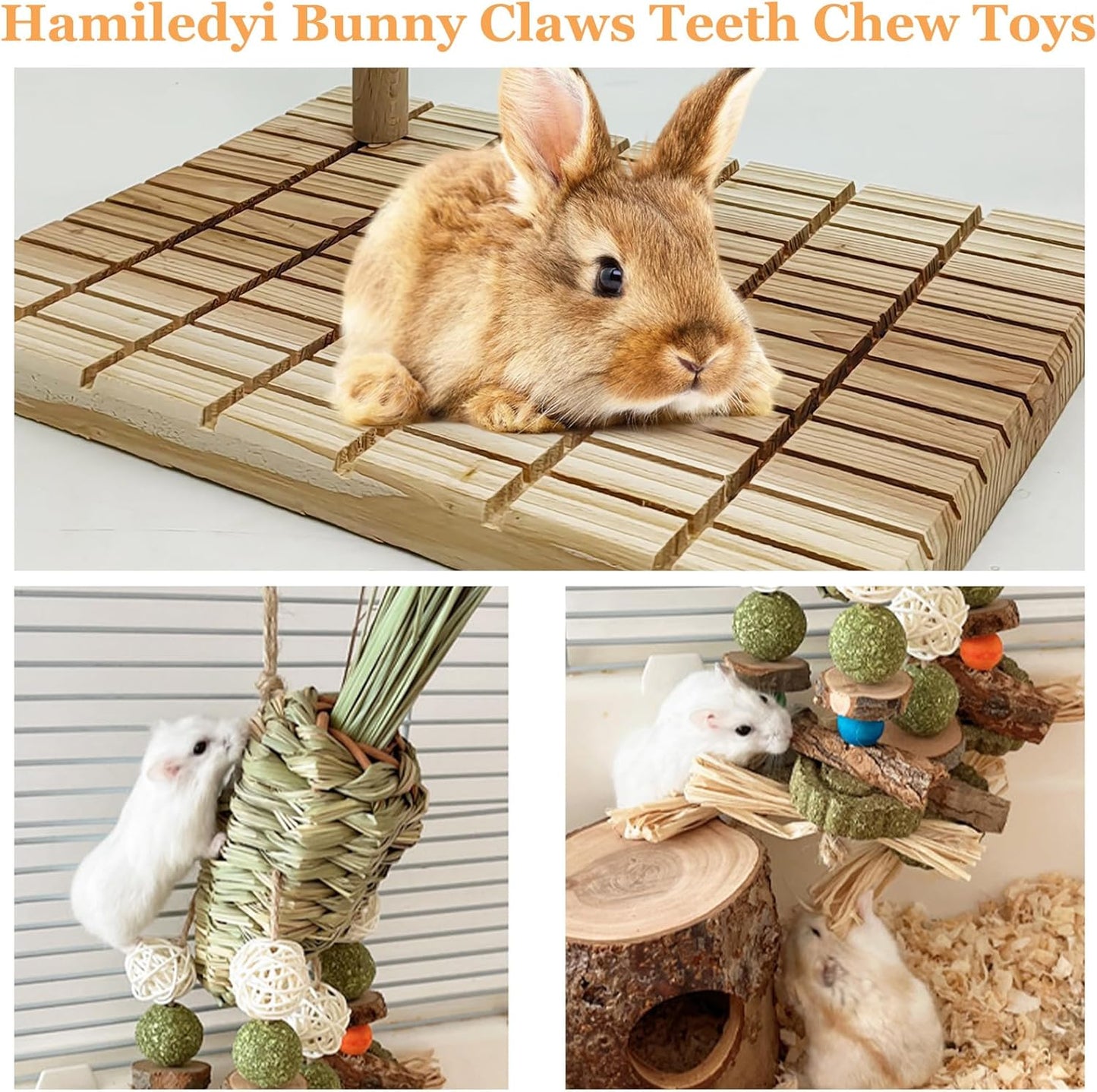 Hamiledyi Rabbit Wood Scratching Board Feet Pad Platform Bunny Claws Teeth Chew Toys Natural Fruit Wood Rabbit Toys Grass Timothy Ball for Guinea Pigs Chinchilla Hamsters Other Rodent Pets