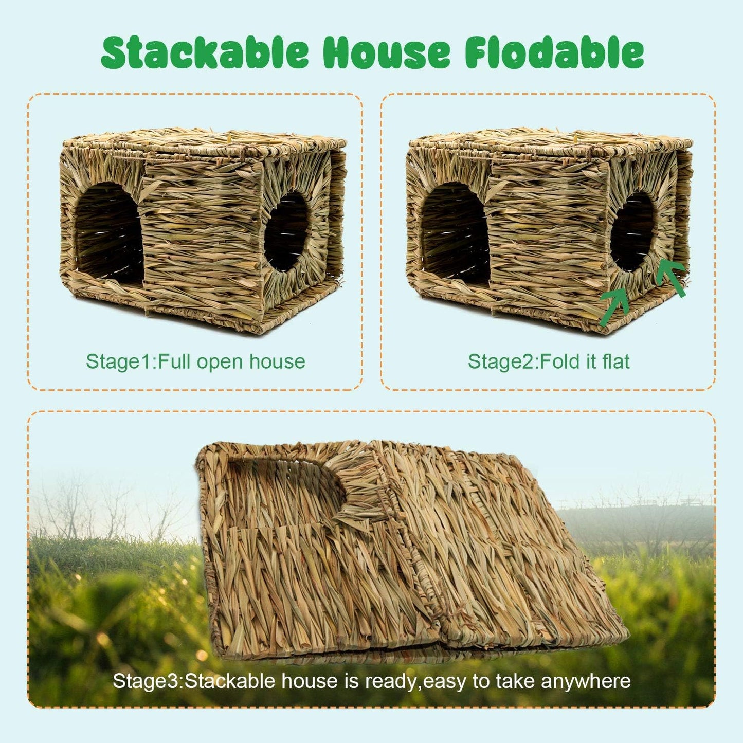 BWOGUE Extra Large Grass House for Rabbits,Hand Crafted Natural Grass Hideaway Foldable Bed Hut with Openings Playhouse for Bunny Guinea Pig Chinchilla Ferret for Play and Sleep(2 Pack)