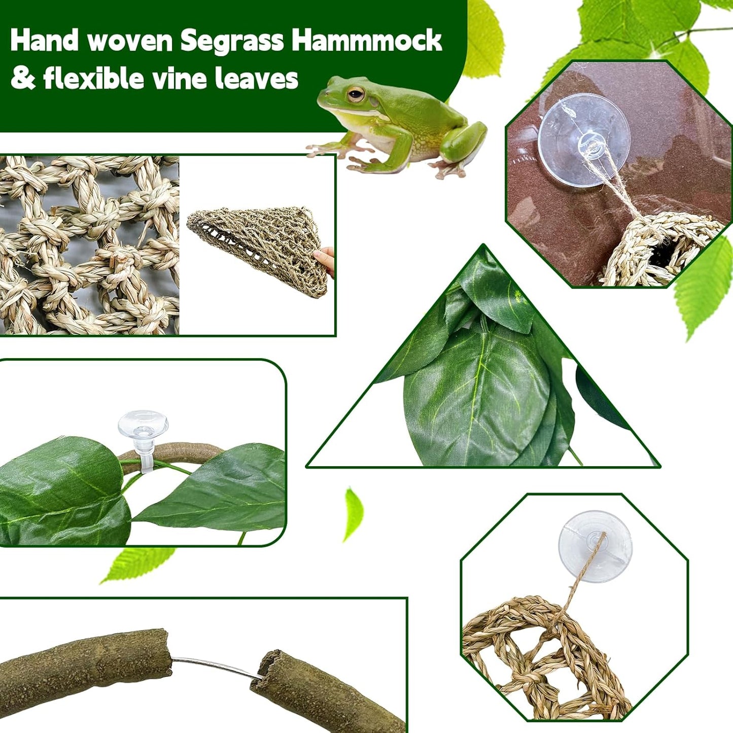 6PCS Bearded Dragon Hammock Lizard Natural Seagrass Hammock Reptile Jungle Climbing Vines and Leaves with Suction Cups Habitat Décor Tank Accessories for Hiding& Climbing Snake Gecko Bird Chameleon