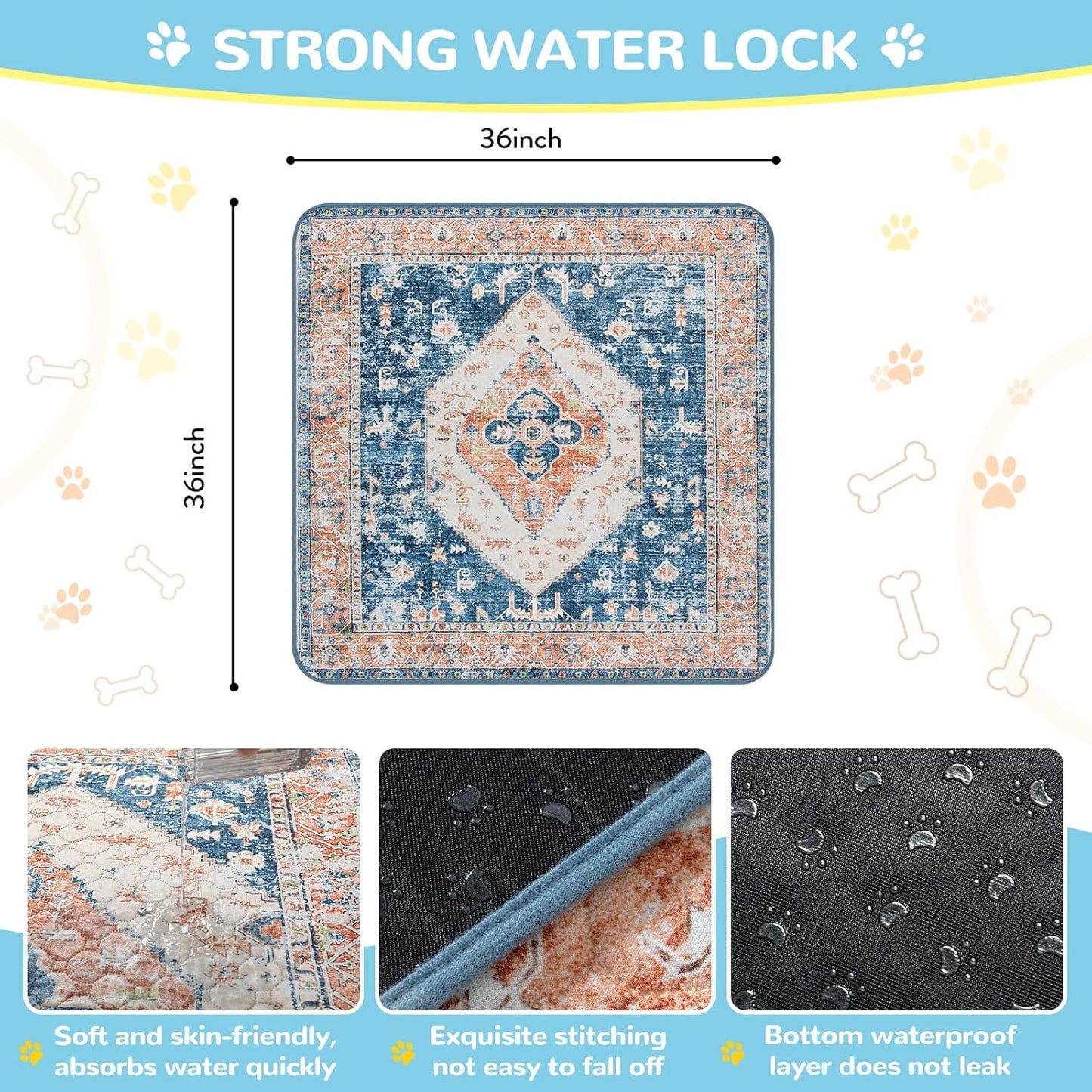 Lahome Super Absorbent Washable Pee Pads for Dogs - Secure Floor Protection - Non-Slip, Leakproof Reusable Pads for Training, Crates & Playpens (2 Pack, 36"x36", Beige Blue)