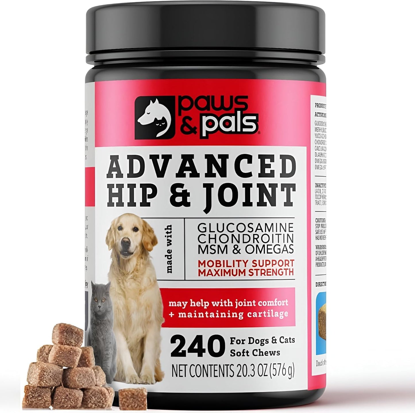 Paws & Pals Glucosamine Chondroitin MSM for dogs 240 Count, Hip and Joint Mobility Soft Chews Supplement, Pain & Inflammation Relief for all breeds - Maximum Strength, Treats Hip Dysplasia & Arthritis