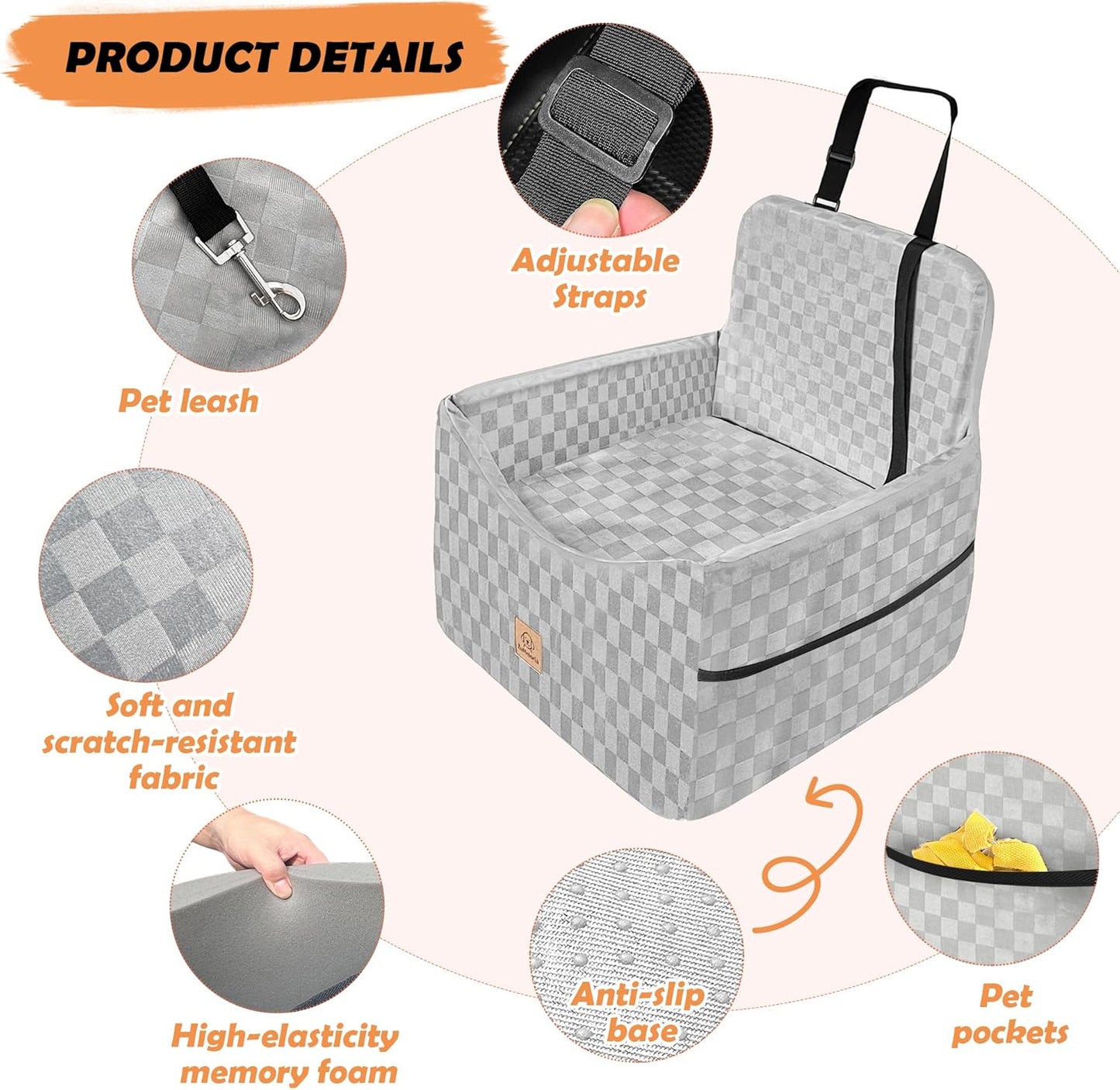 Dog Car Seat for Small and Medium Dogs Up to 35 lbs –Memory Foam Dog Booster Seat with Safety Leash & Storage Pockets, Fits Front & Back Car Seats, Removable Washable Cover – Gray