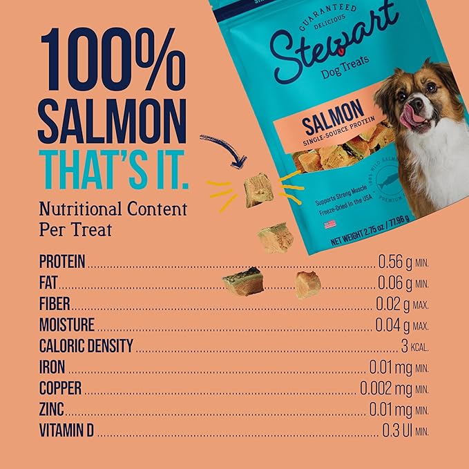 Stewart Single Ingredient Freeze Dried Raw Dog Treats, Wild Salmon, 2.75 Ounce, Approx. 55 Pieces per Resealable Pouch, Training Treats or Meal Topper, High Protein, Grain Free, Gluten Free