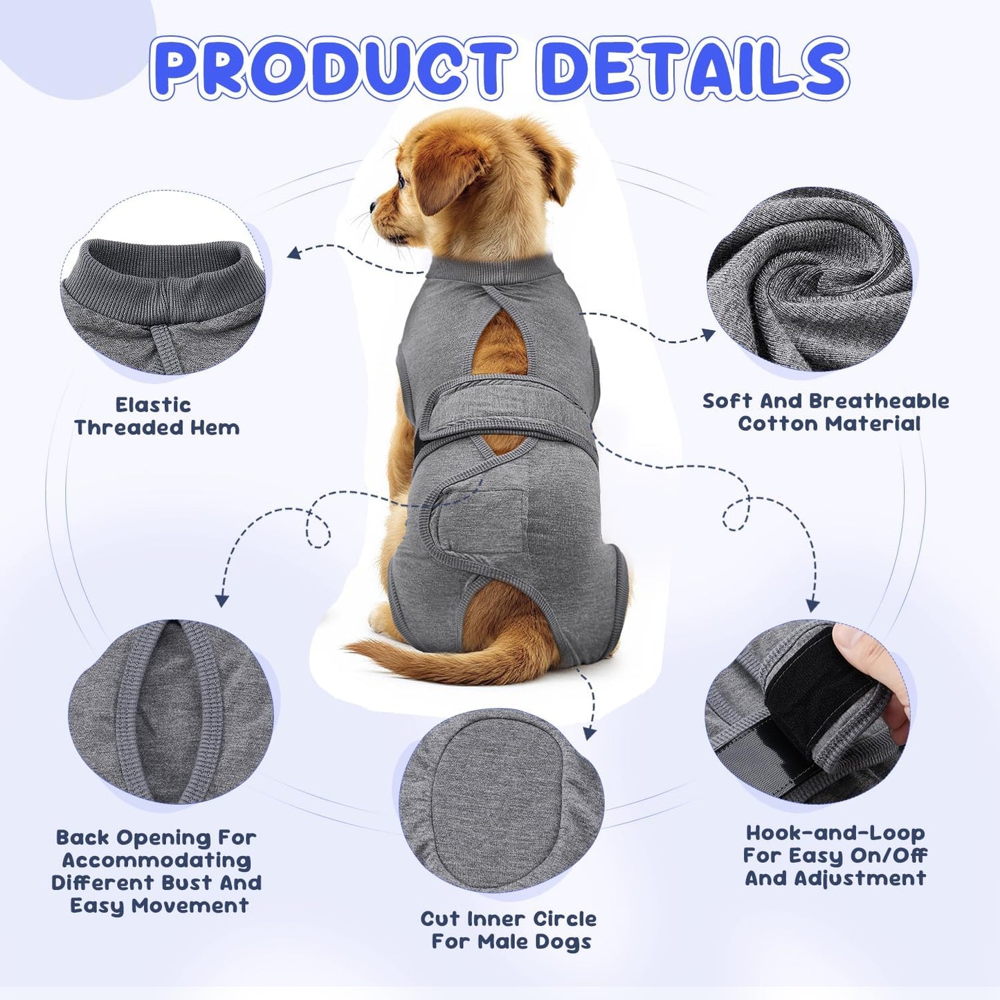 Lukovee Dogs Recovery Suit - Adjustable Dog Onesie for Female Male Dogs, Breathable Anti Licking Cone Alternative Surgery Pet Surgical Body Suit After Spay Abdominal Wounds Neuter (S, Gray)