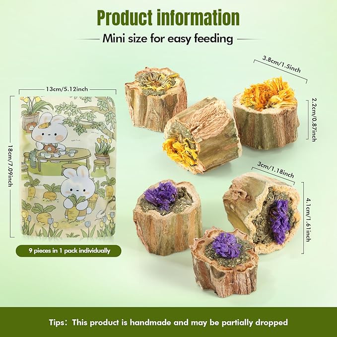 Abizoo Rabbits Chew Toys Organic Papaya Wood for Guinea Pigs Chinchillas Hamsters Small Animals Treats with Calendula Forget Me Nots and Alfalfa Hay Dental & Digestive Support No Additives 4.23oz/120g