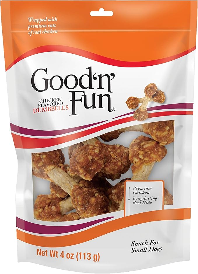 Good ’n’ Fun Chicken Flavored Dumbbells 4 Ounces, Rawhide Snacks for Small Dogs