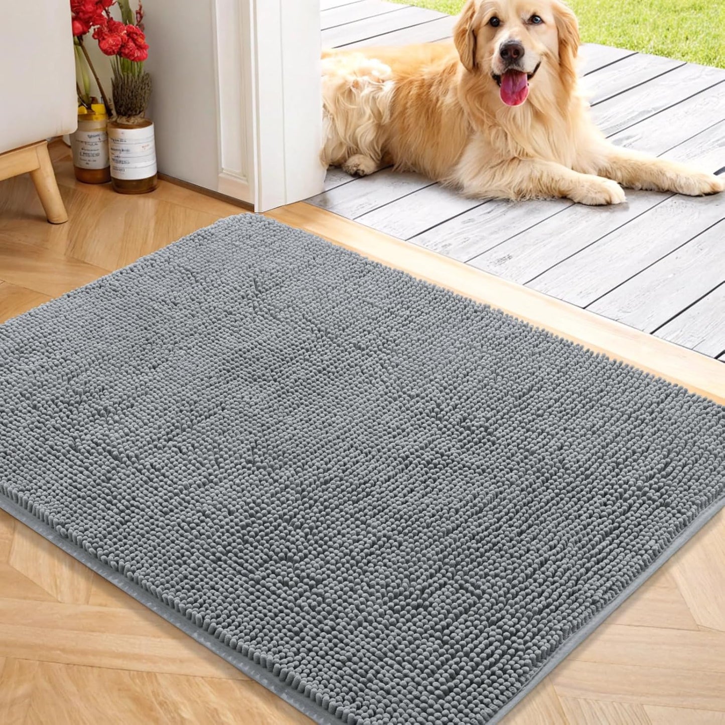 OLANLY Dog Door Mat for Muddy Paws 40x32, Absorbs Moisture and Dirt, Absorbent Non-Slip Washable Doormat, Quick Dry Chenille Mud Mat for Dogs, Entry Indoor Entryway Carpet for Inside Floor, Grey