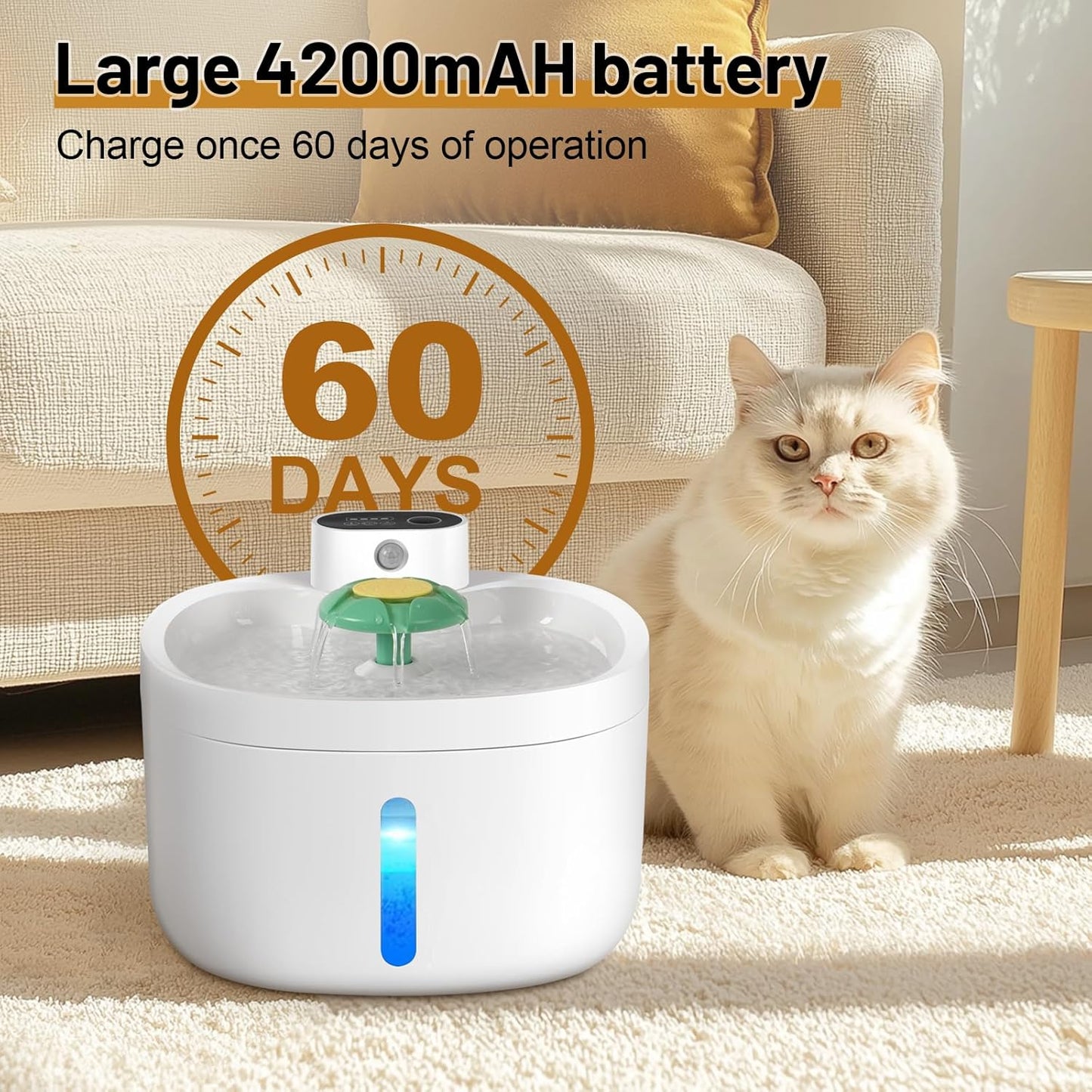 Wireless Cat Water Fountain,42000mAH Battery Operated Cordless Cat Fountain,91OZ/2.6L Automatic Pet Water Dispenser Rechargeable Drinking Fountains with Motion Sensor for Cats and Dogs