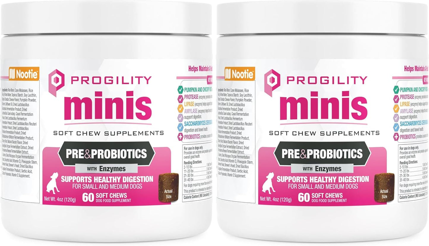 Nootie Progility Mini Pre & Probiotic Supplement, Digestive Aid Supplement for Dogs, 60 Soft Chews per Container (Pack of 2)