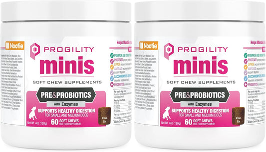 Nootie Progility Mini Pre & Probiotic Supplement, Digestive Aid Supplement for Dogs, 60 Soft Chews per Container (Pack of 2)