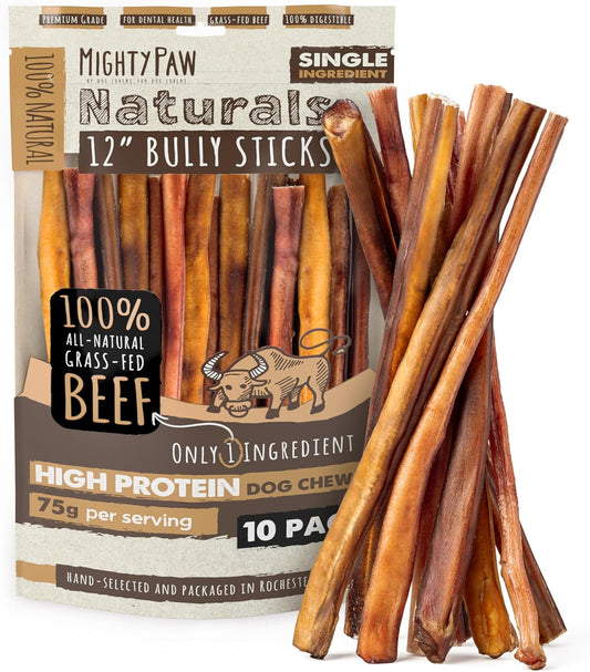 Mighty Paw Naturals Bully Sticks for Small & Medium Dogs - Grass Fed Beef Chews. Bully Sticks for Large Dogs. Lower Odor Stick Treat. Single Ingredient (12" - 10 Pack)