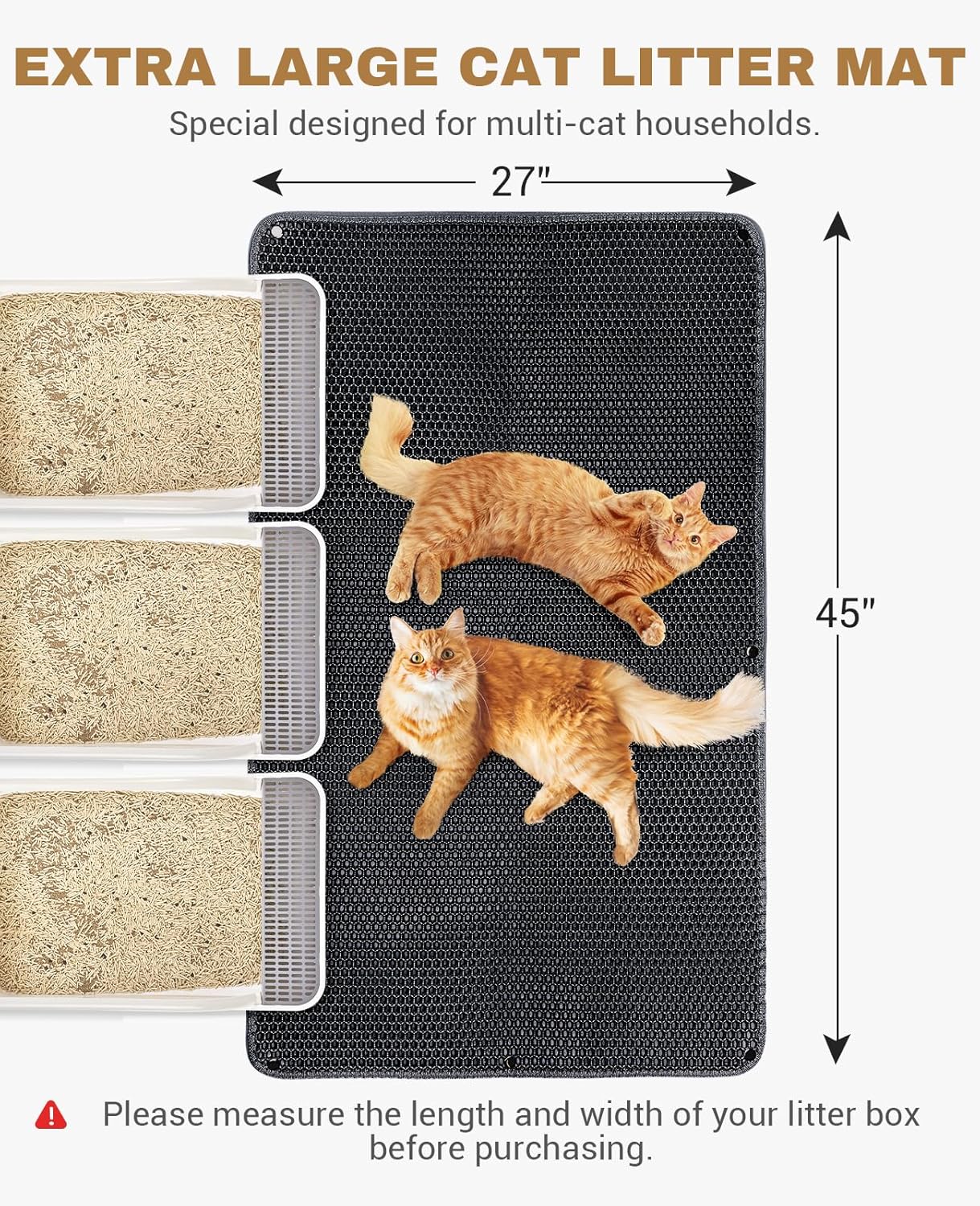 Fostanfly Cat Litter Mat, 45"x 27" Kitty Litter Trapping Mat, Extra Large XL Honeycomb Scatter Control, Urine & Waterproof, Machine Washable, Black