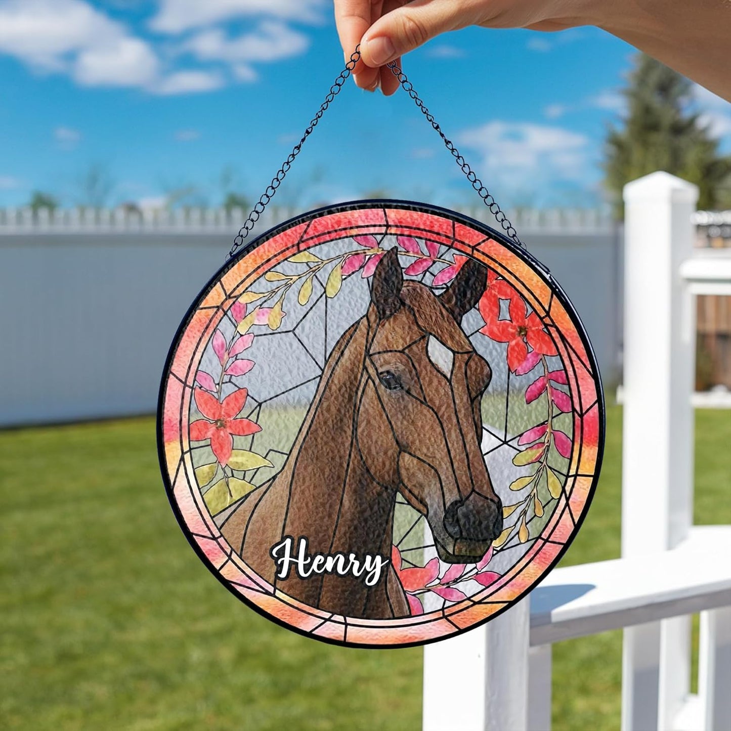 Lovely POD Personalized Horse Stained Glass Suncatcher with Photo, Custom Name Horse Ornament Window Hanging, Home Decor Gifts for Pet Day, Christmas, Memori, Sympathy Gift for Loss of Horse