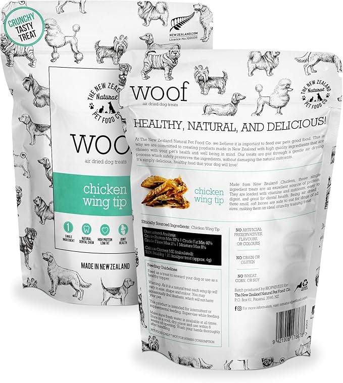 The New Zealand Natural Pet Food Co WOOF Air Dried Dog Treats - Chicken Wing Tip, High Protein - Small & Dog Treats, Natural, Topper - 1.76 oz