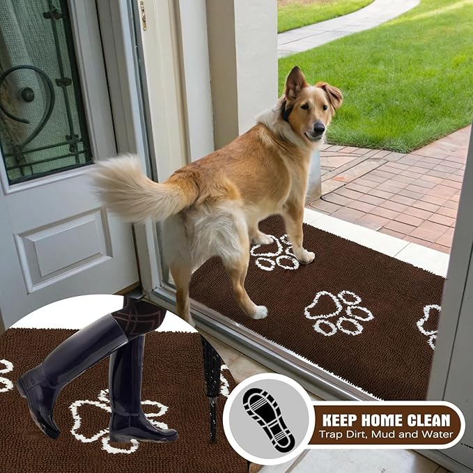 EXPAWLORER Dog Door Mat for Muddy Paws - Highly Absorbent Microfiber Rug, Soft Chenille Runner Indoor Outdoor Floor, Non-Slip Large Pet Paw Cleaning Washable Mud Mat for Bathroom, Brown