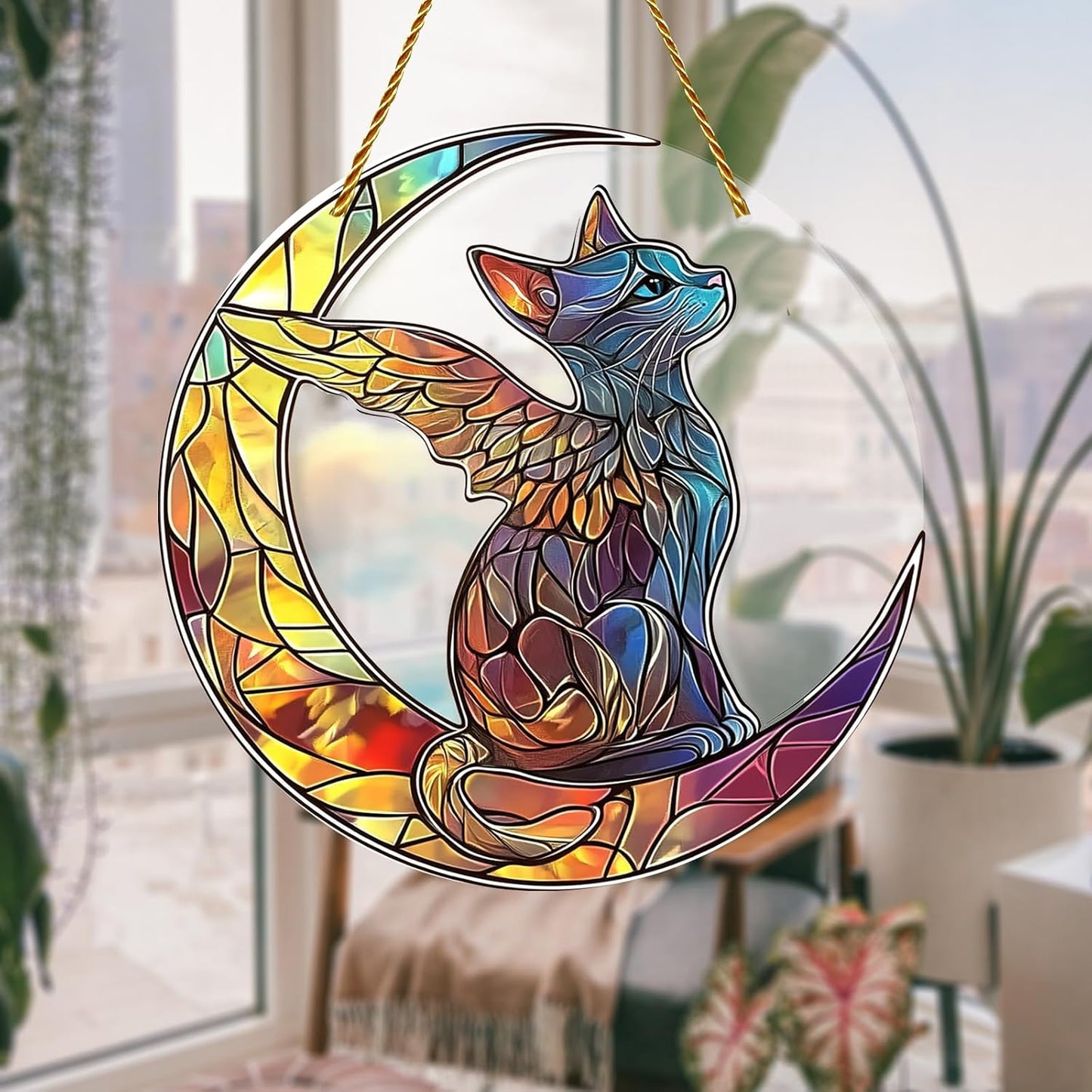 8x8 inch Charming Cat Angel Acrylic Stained Glass Window Hanging Sun Catcher Decor Stained Panel Hangings Wall Art Decor, for Friends and Family (Cat Angel)