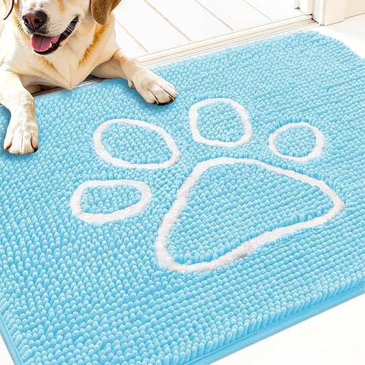 OLANLY Door Mat for Muddy Dog Paws 30x20, Ultra Absorbent Chenille Mud Doormat with Paw Print Design, Non-Slip Washable Doormat for Indoor Entryway, Quick-Dry Pet Bed Mats for Dirty Dogs, Blue